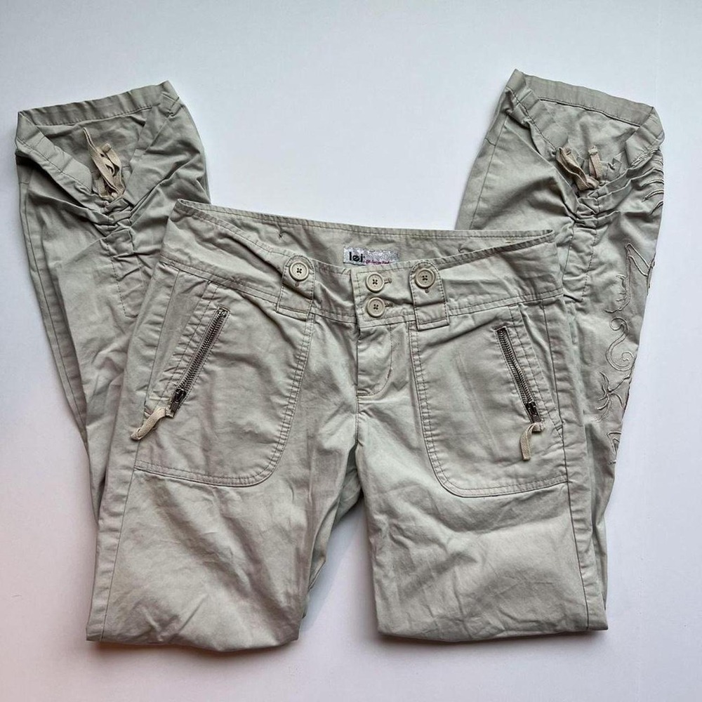 Y2K LEI Low Rise Tan Cargo Pants with Embroidery